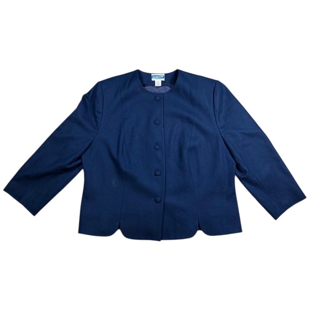 Pendleton Plus Navy Blue Wool Blazer Jacket 18W Collarless Button Front Made USA